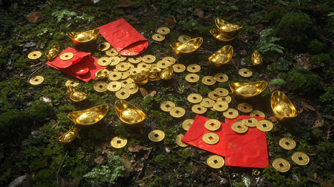 Gold ingots and lucky envelopes on the forest floor