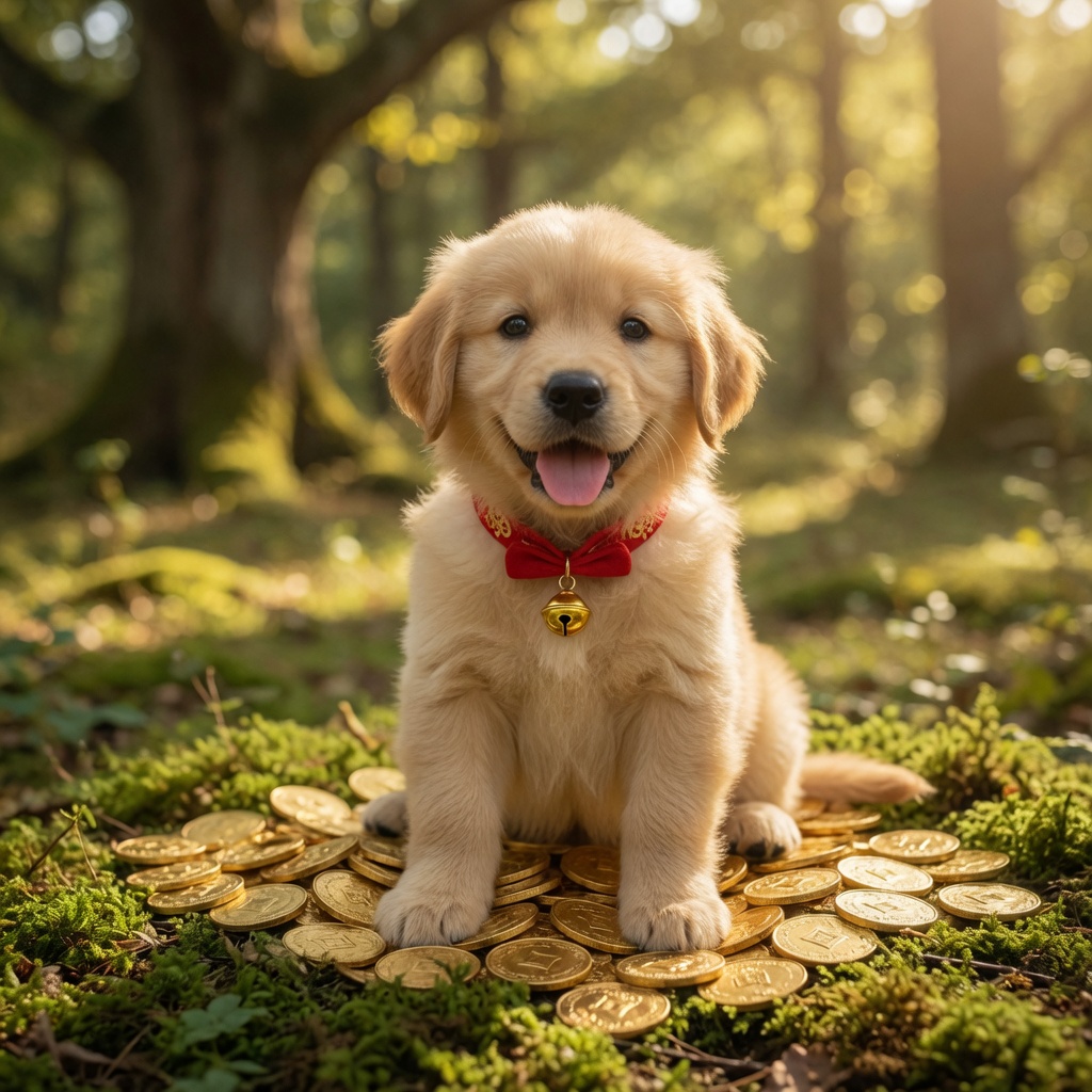 富贵 sitting on a pile of gold coins