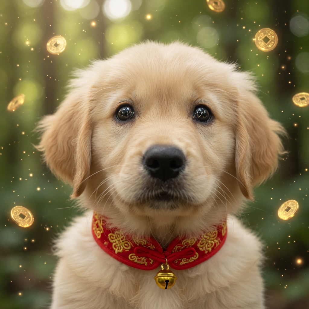 富贵 wearing a lucky red collar